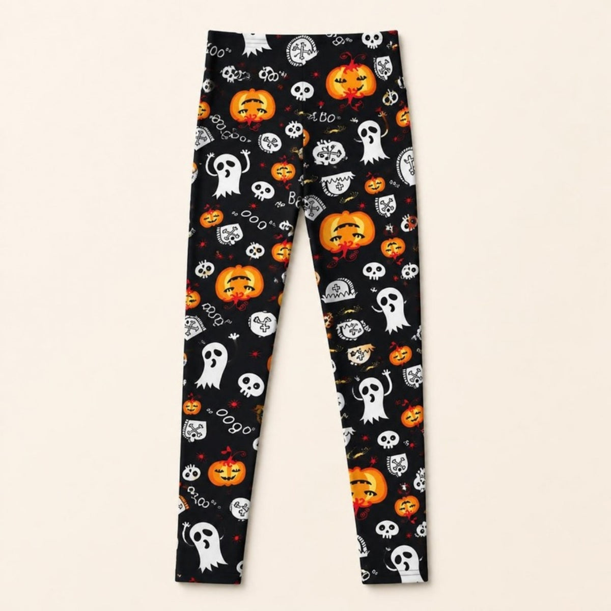 Pumpkin & Ghost Halloween Leggings laid flat, black with jack-o'-lanterns, ghosts, skulls and BOO print