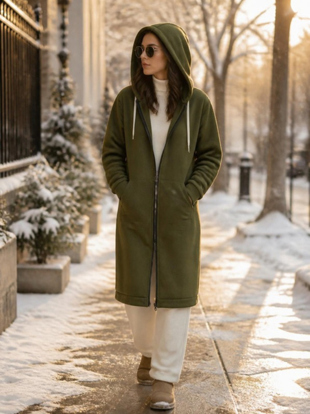The Hooded Longline Zip Coat in army green on a snowy street
