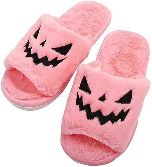 Jack-o'-Lantern Halloween Slippers — Cozy Plush Open-Toe Slides for Women