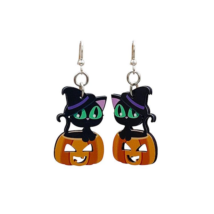 Black Cat & Pumpkin Wooden Earrings, view 2