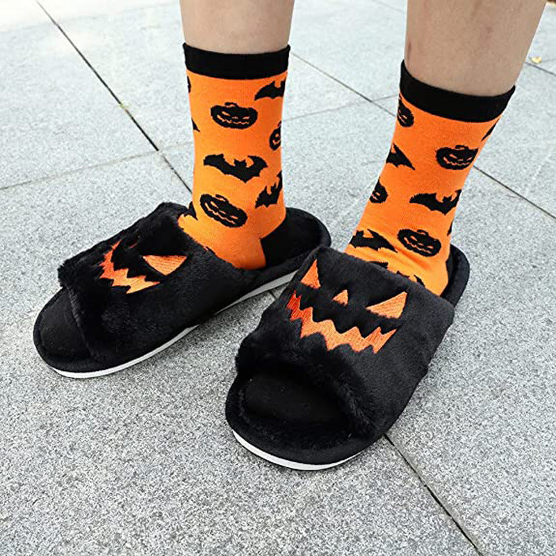 Black jack-o'-lantern Halloween slippers