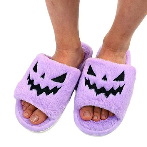 Jack-o'-Lantern Halloween Slippers — Cozy Plush Open-Toe Slides for Women