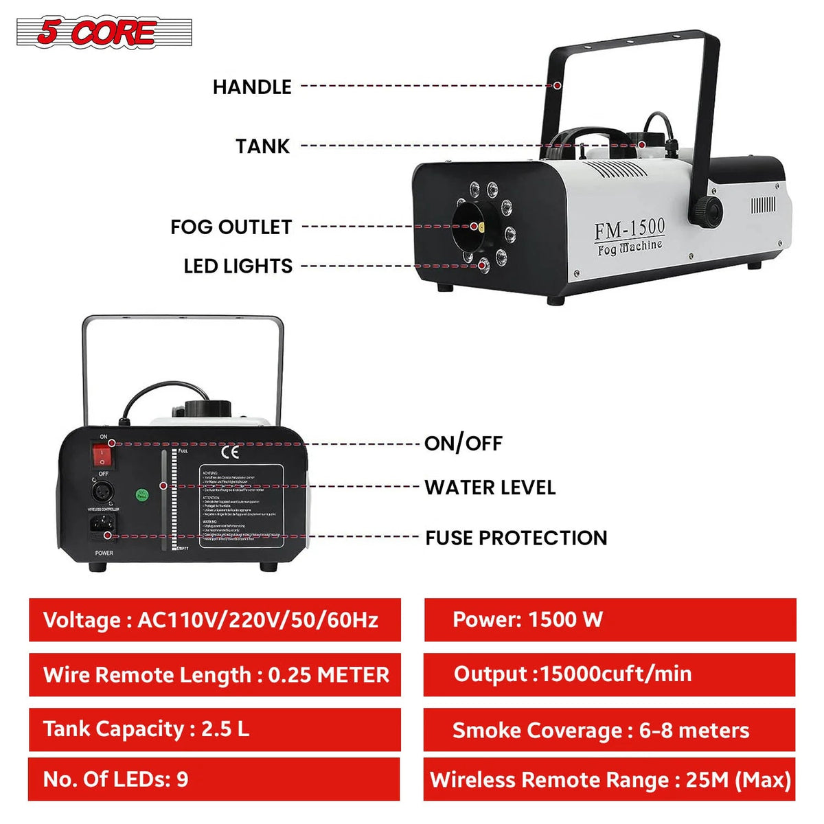 5 Core 1500W Fog Machine with 9 LEDs — 2.5L Tank