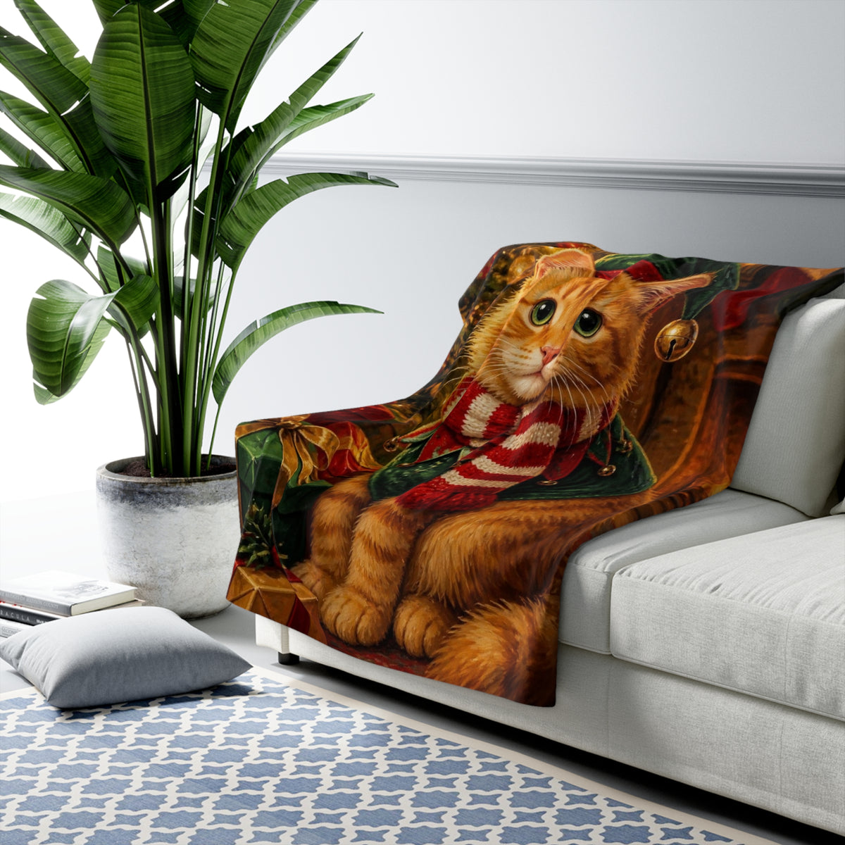 Custom Pet Portrait Sherpa Blanket - Your Dog or Cat Painted in Christmas Style From Your Photo