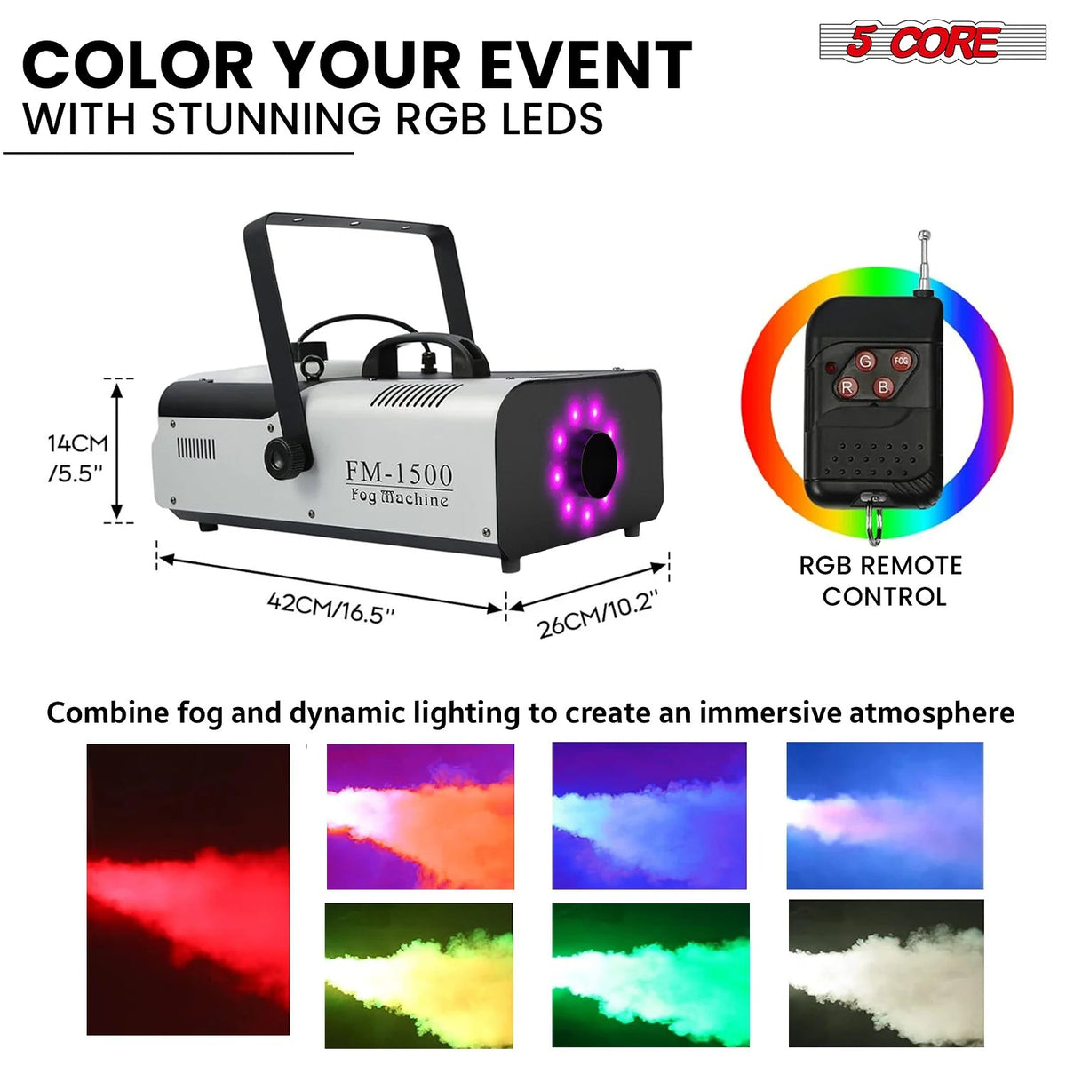 5 Core 1500W Fog Machine with 9 LEDs — 2.5L Tank