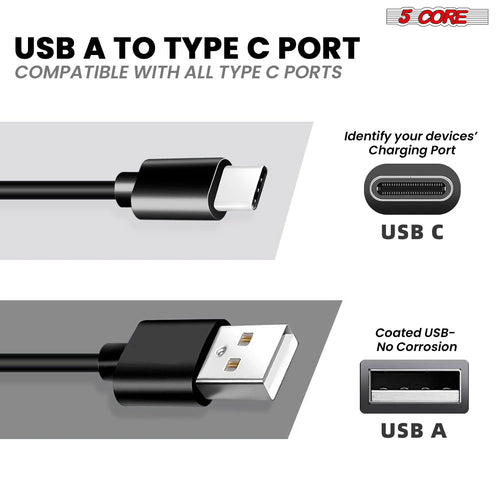 5Core USB-A to USB-C Charging Cables — 5-Pack, Black