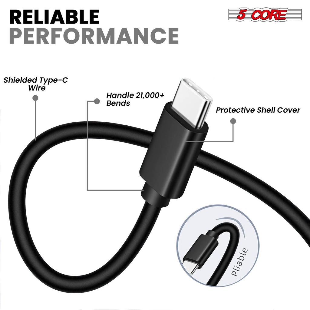 5Core USB-A to USB-C Charging Cables — 5-Pack, Black