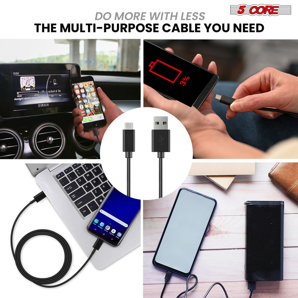 5Core USB-A to USB-C Charging Cables — 5-Pack, Black