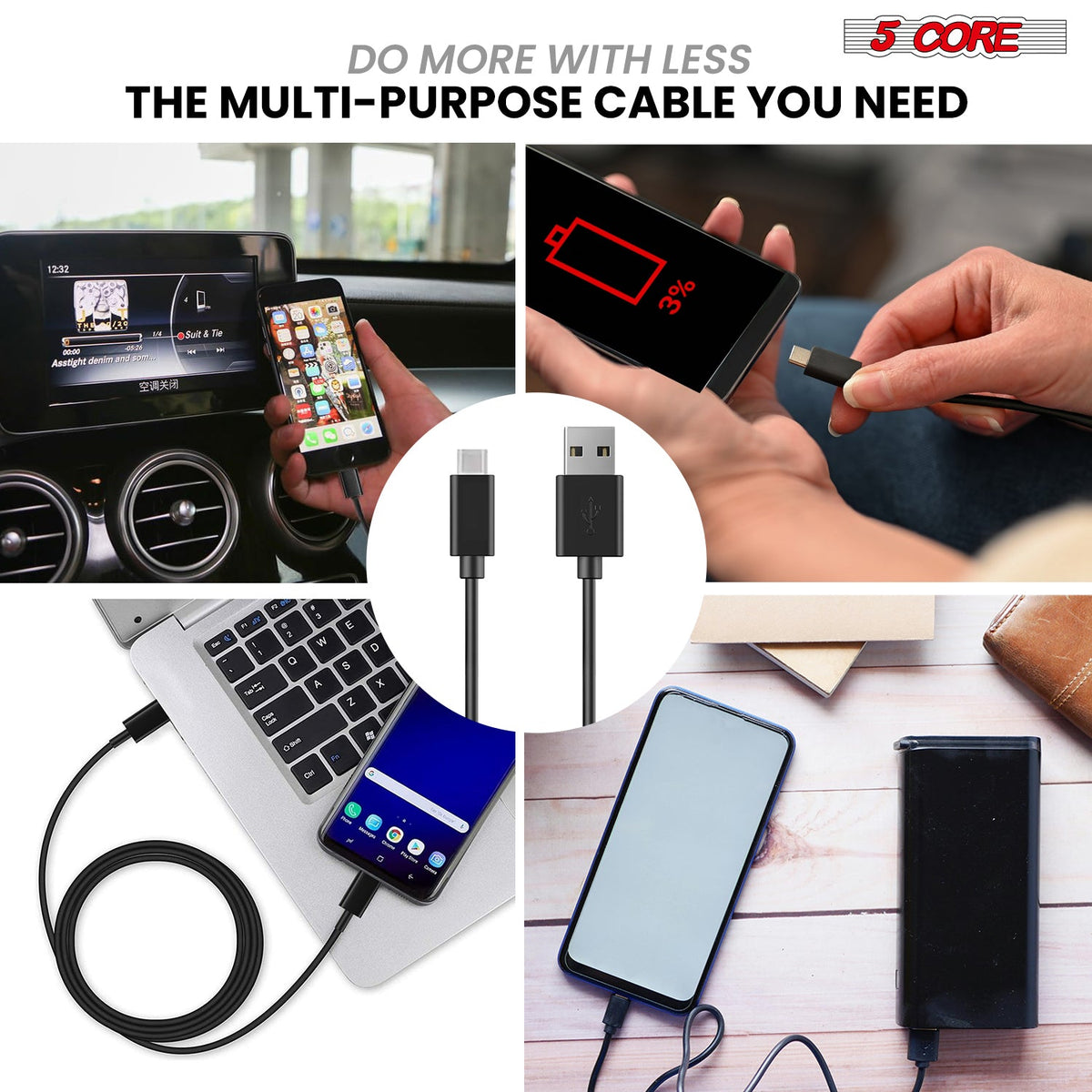 5Core USB-A to USB-C Charging Cables — 5-Pack, Black