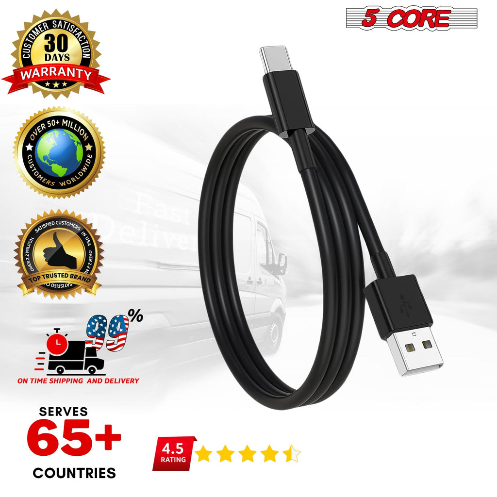 5Core USB-A to USB-C Charging Cables — 5-Pack, Black