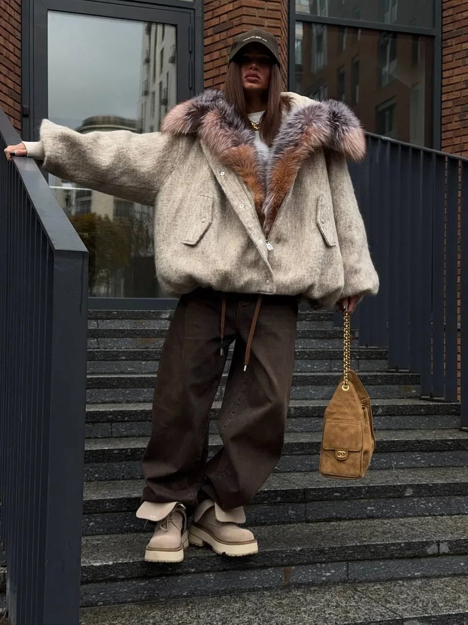 The Cruelty-Free Fur Trim Patchwork Coat