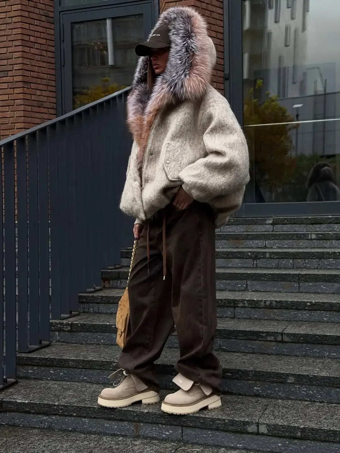 The Cruelty-Free Fur Trim Patchwork Coat