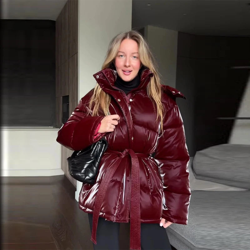 The Glossy Hooded Belted Puffer