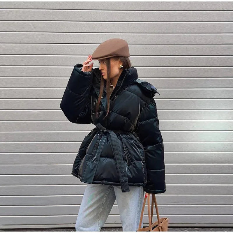 The Glossy Hooded Belted Puffer
