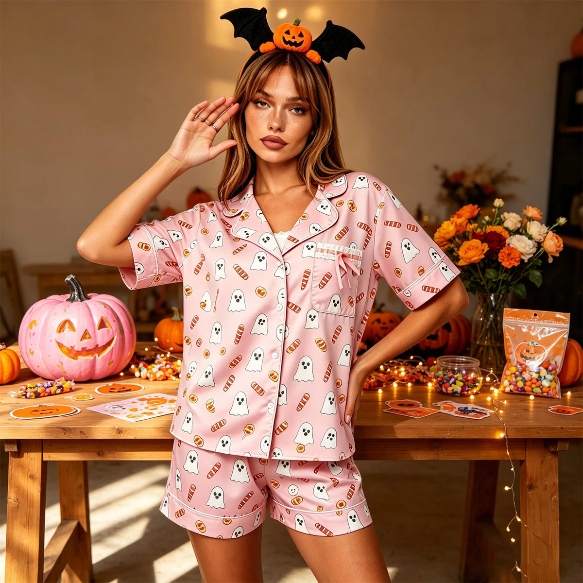 Skull and Ghost Satin Pajama Set