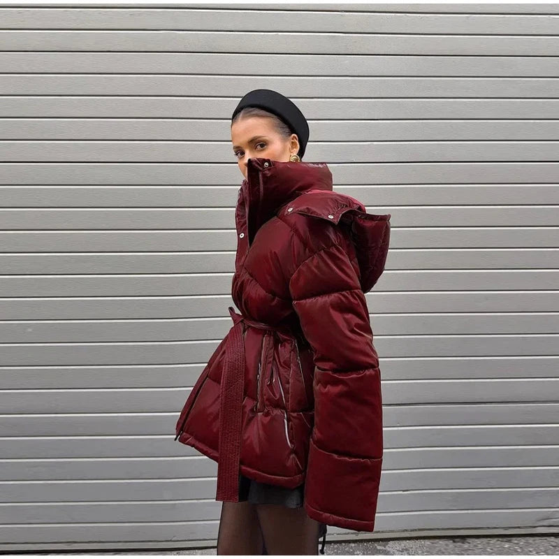 The Glossy Hooded Belted Puffer