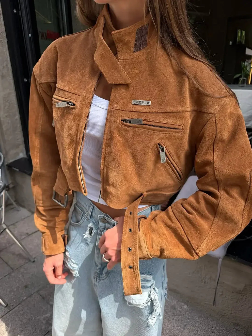 The Zip Cruelty-Free Suede Belted Jacket