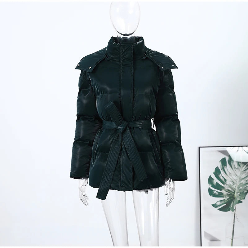 The Glossy Hooded Belted Puffer