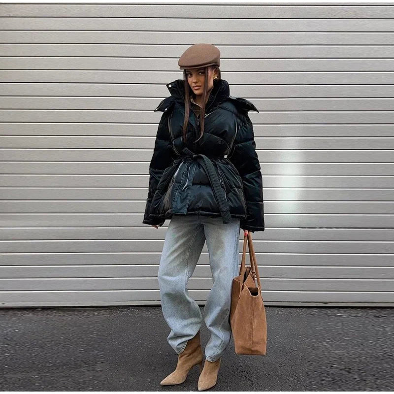 The Glossy Hooded Belted Puffer