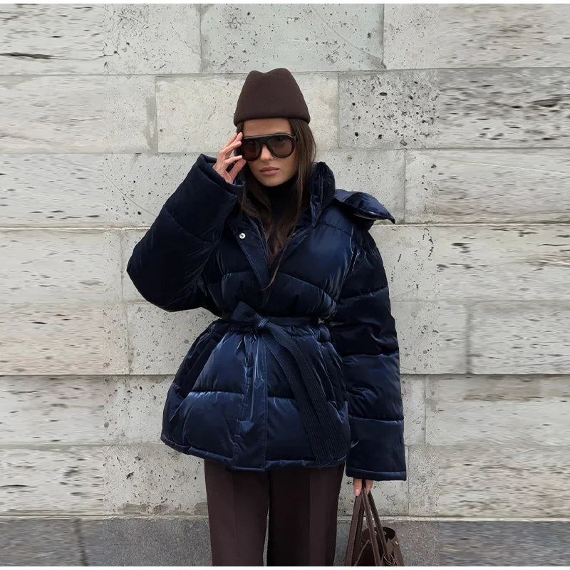 The Glossy Hooded Belted Puffer