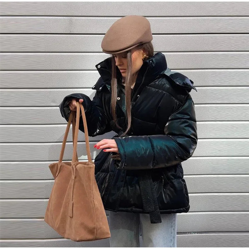 The Glossy Hooded Belted Puffer