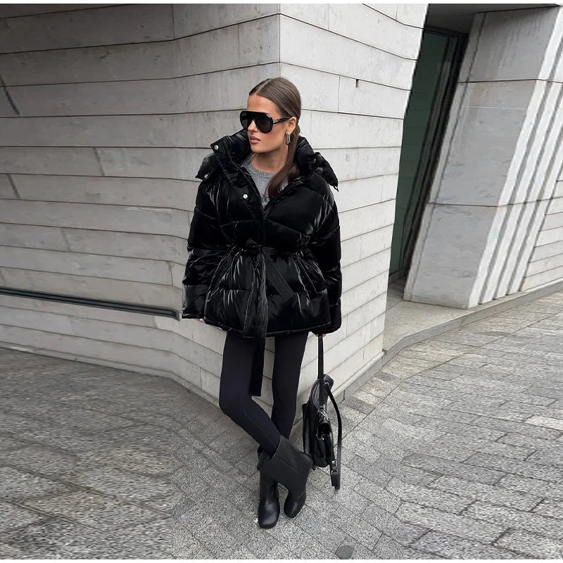 The Glossy Hooded Belted Puffer