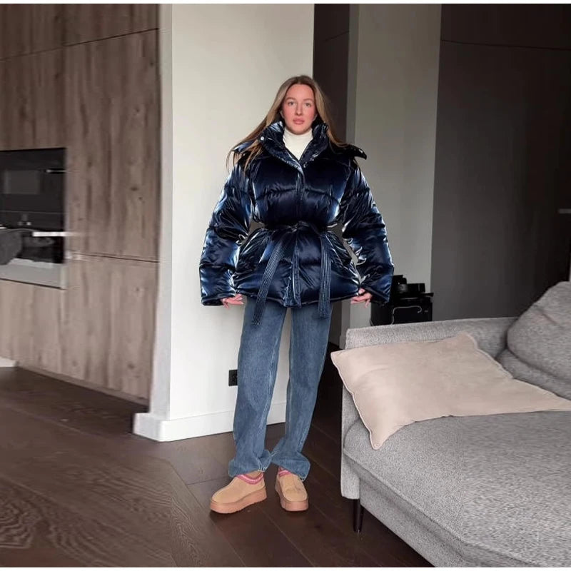The Glossy Hooded Belted Puffer