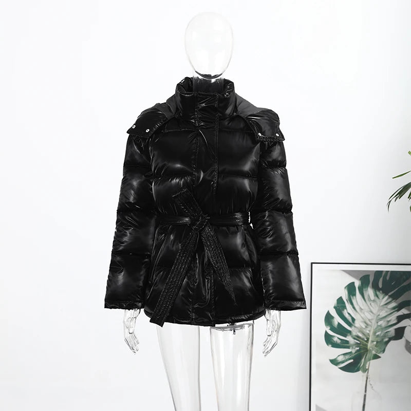 The Glossy Hooded Belted Puffer
