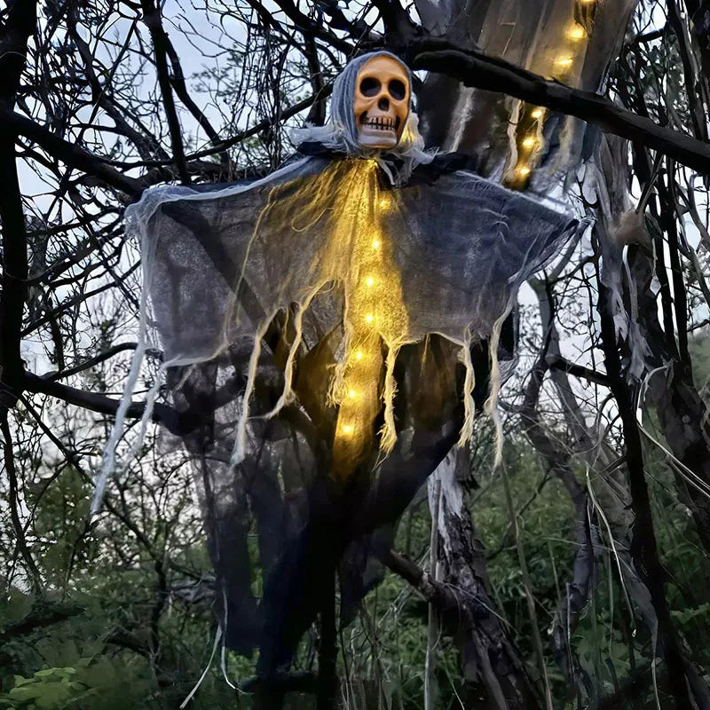 Hanging skull ghost decoration with optional LED light for indoor and outdoor Halloween displays