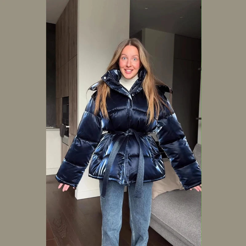 The Glossy Hooded Belted Puffer