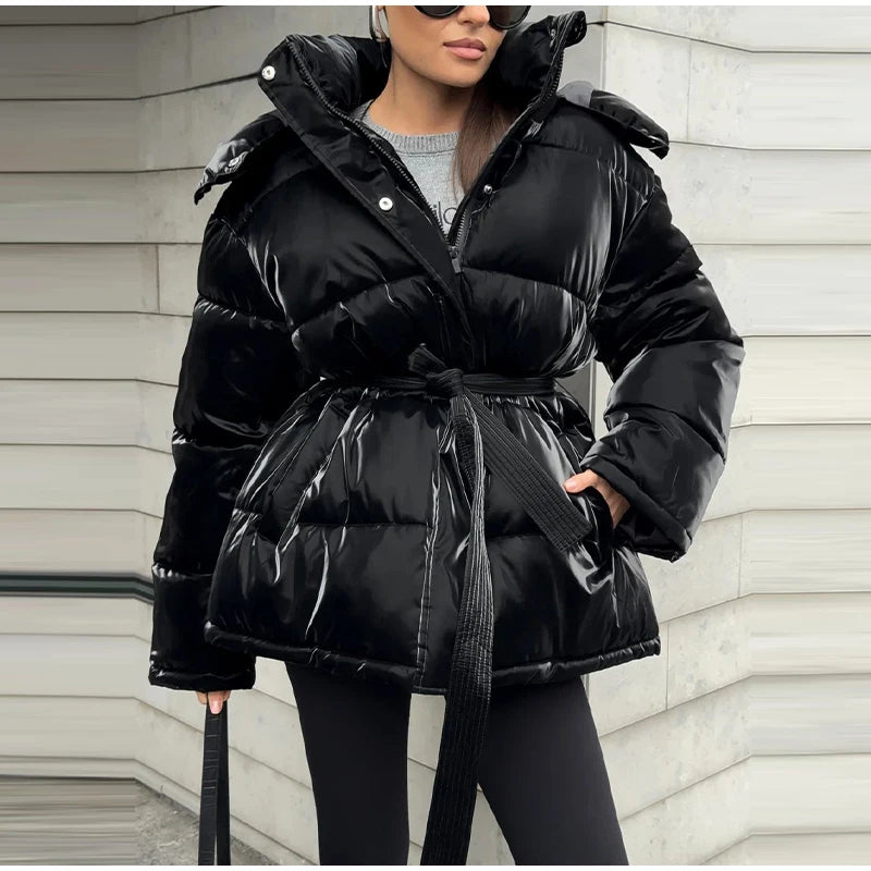 The Glossy Hooded Belted Puffer