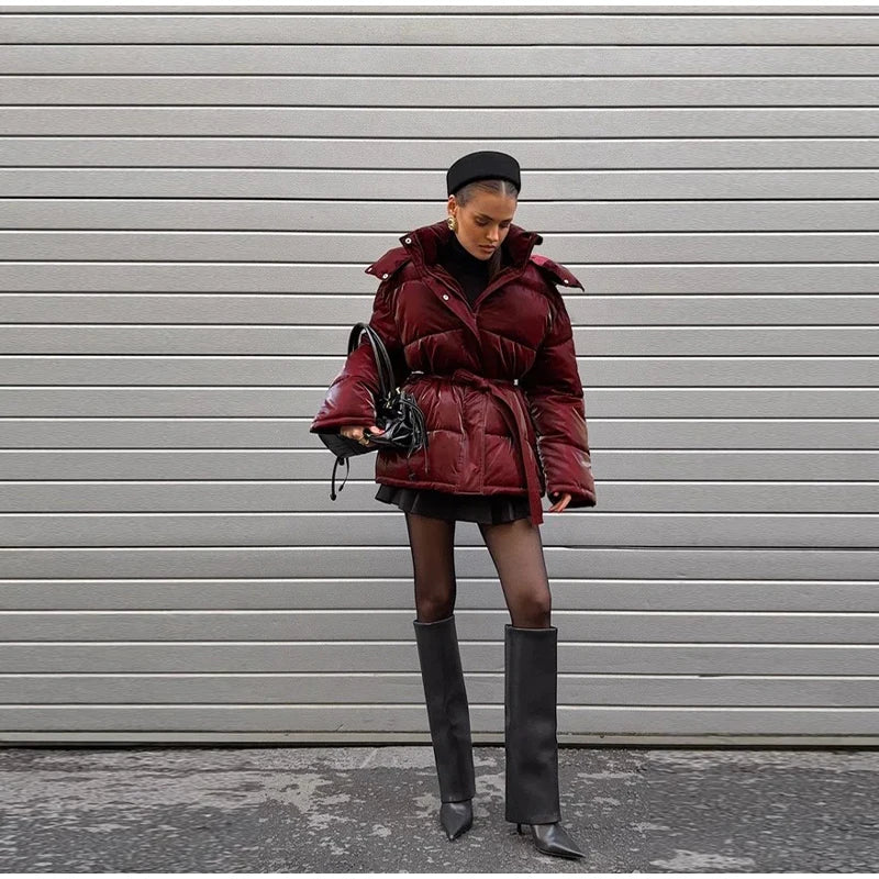 The Glossy Hooded Belted Puffer