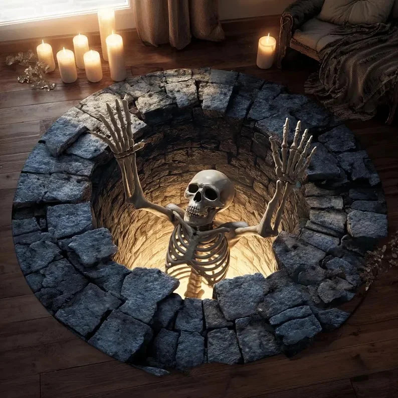 Skeleton illusion round rug with 3D optical effect for gothic Halloween home decor