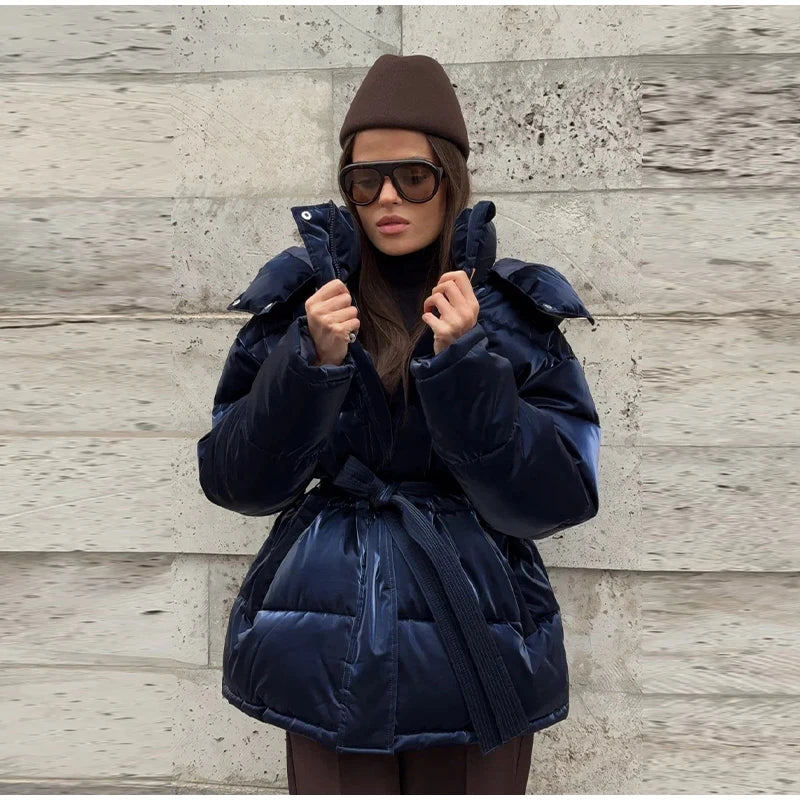 The Glossy Hooded Belted Puffer