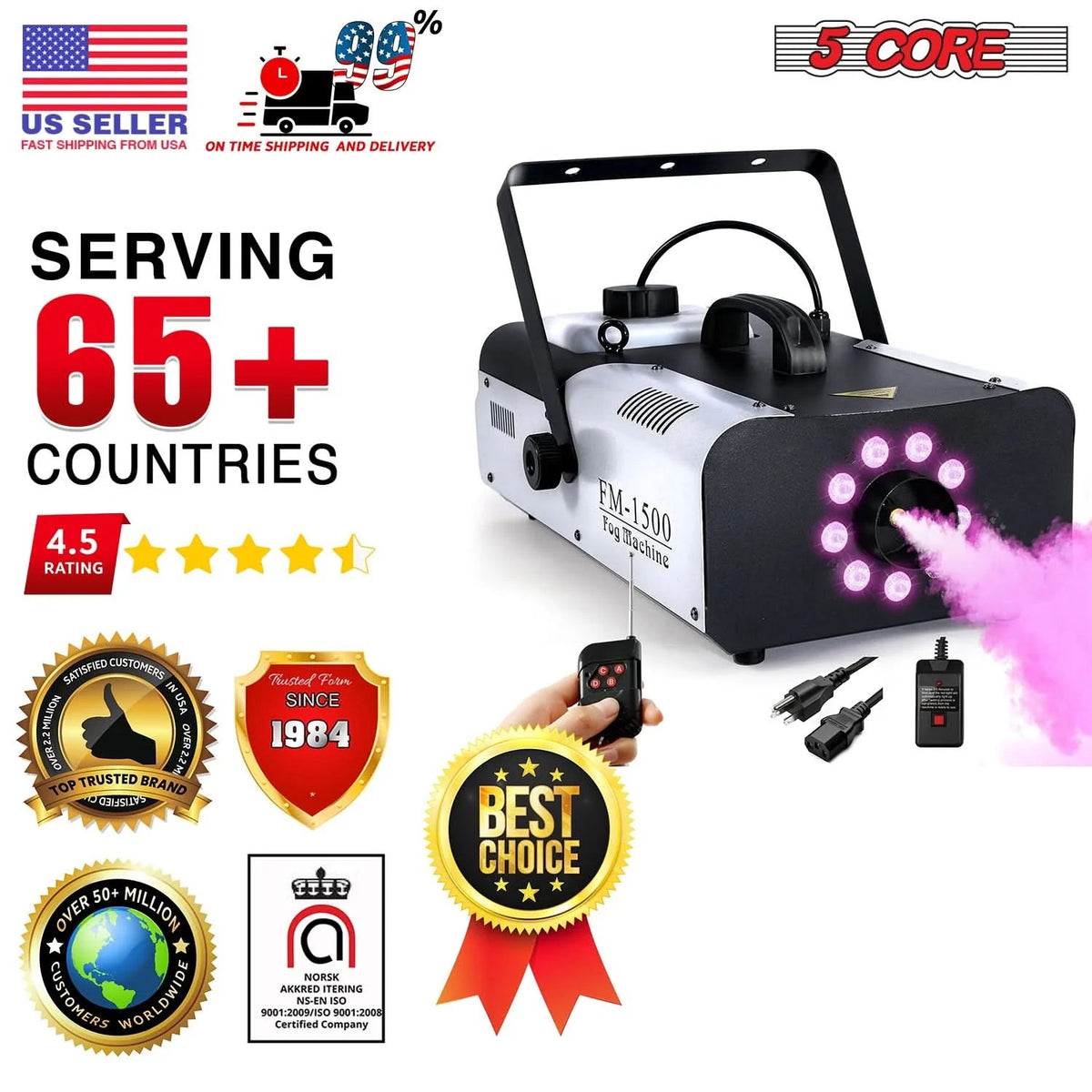 5 Core 1500W Fog Machine with 9 LEDs — 2.5L Tank