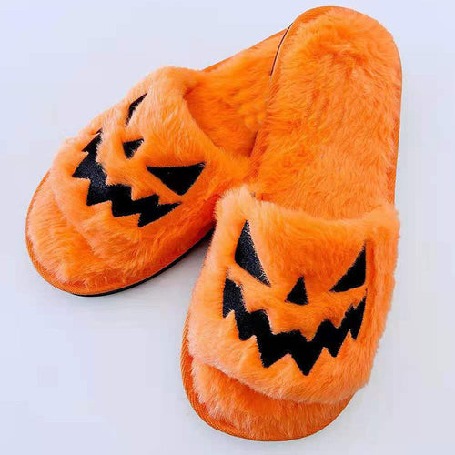 Jack-o'-Lantern Halloween Slippers — Cozy Plush Open-Toe Slides for Women