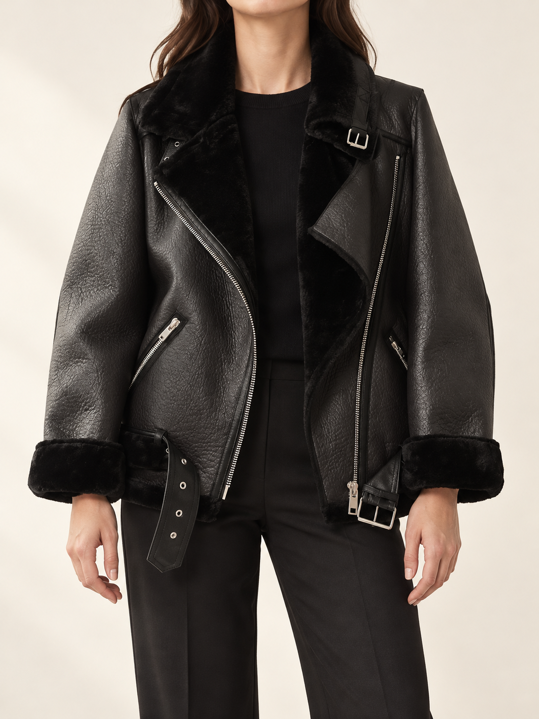Black aviator jacket, front view on a model