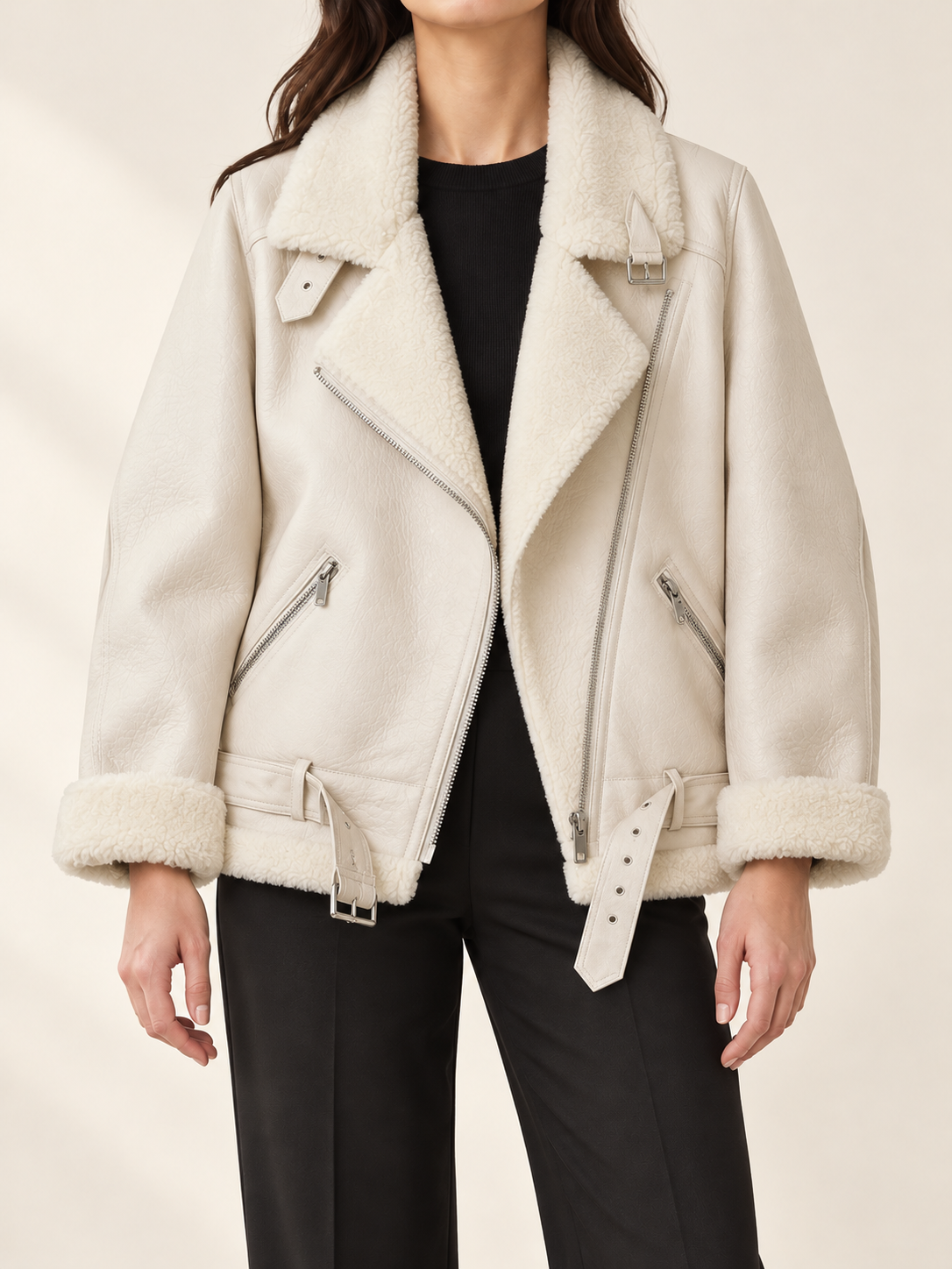 Cream aviator jacket, front view on a model