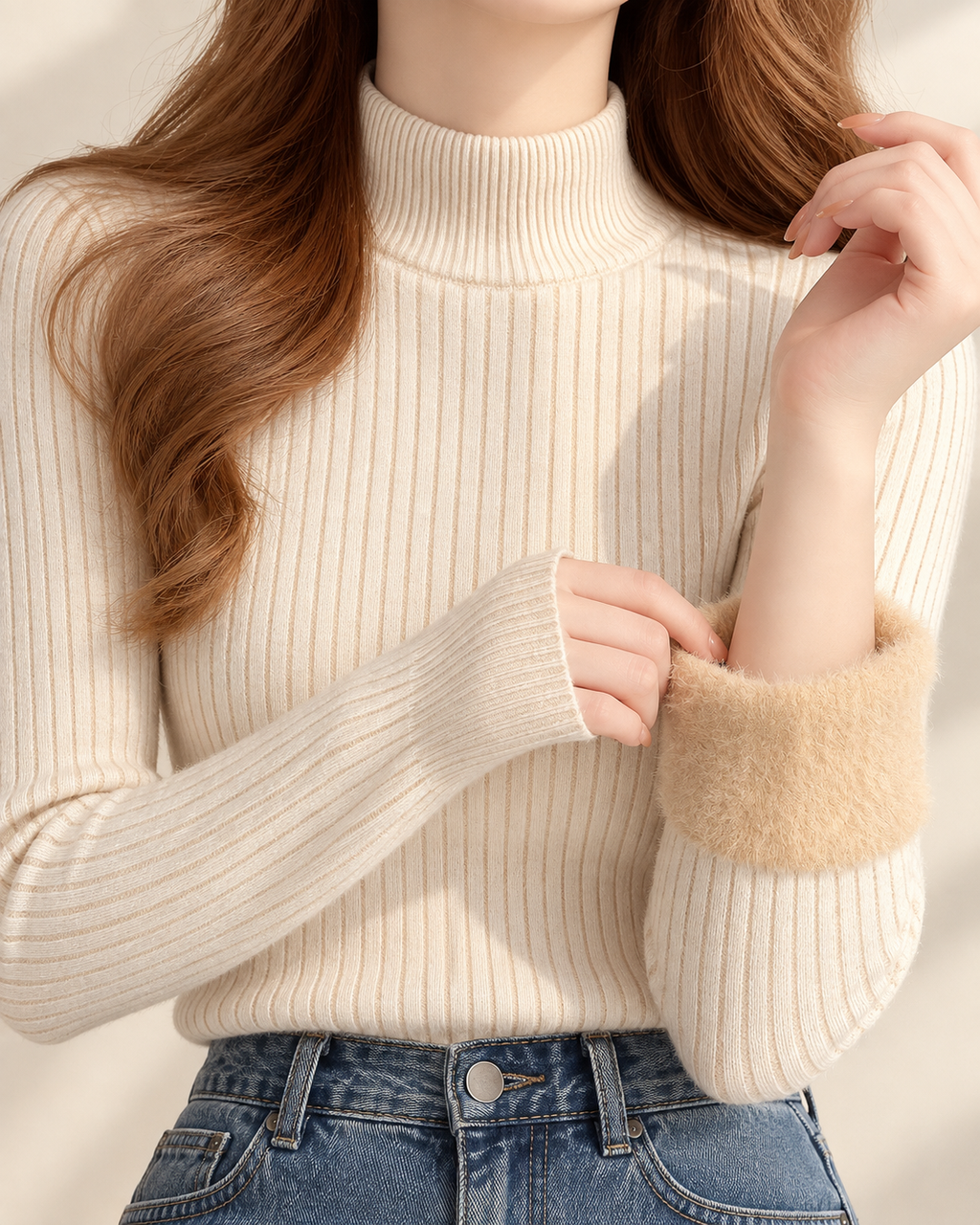 beige lined knit turtleneck, front and folded cuff lining; jeans are styling only.