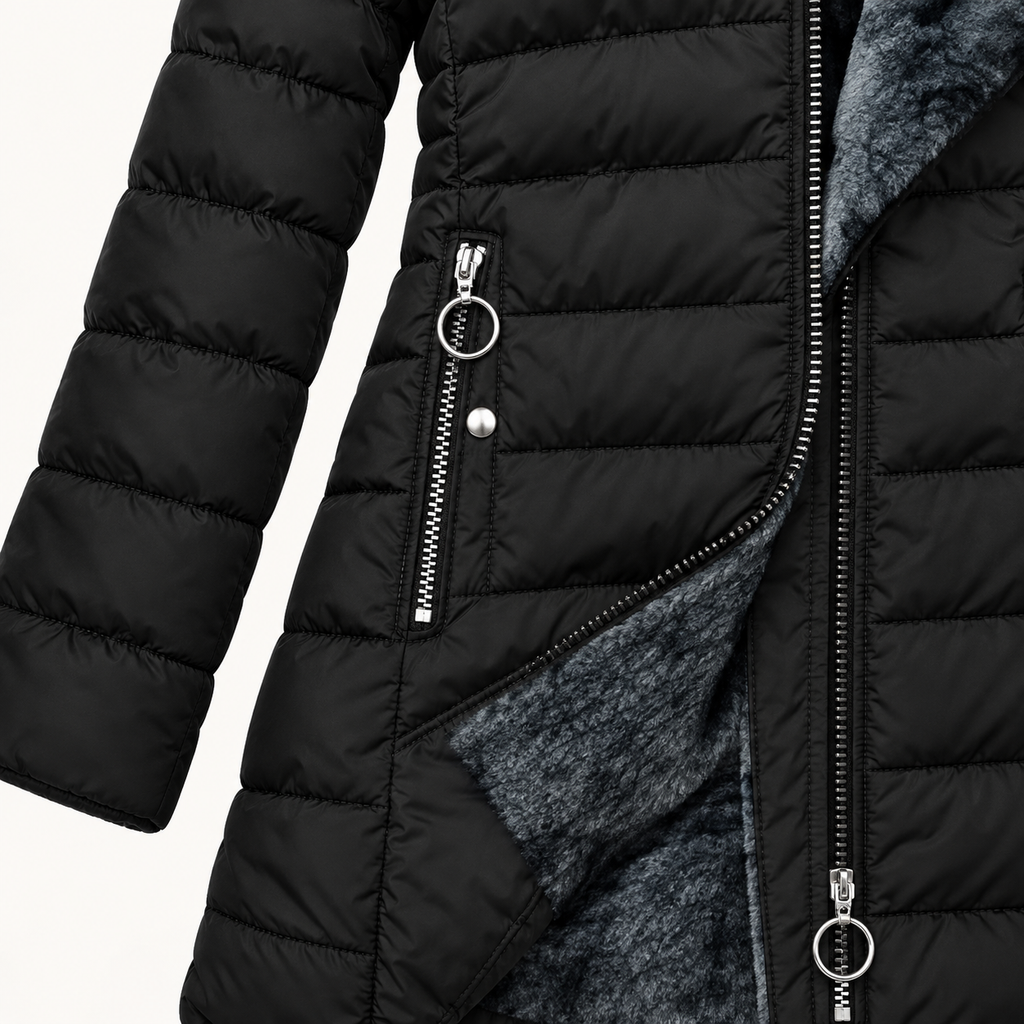 BLACK A jacket round pocket pull, quilted panels and visible lining — AI detail illustration