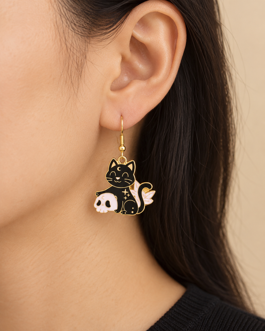 AI-assisted wearing view of the black cat and skull earring