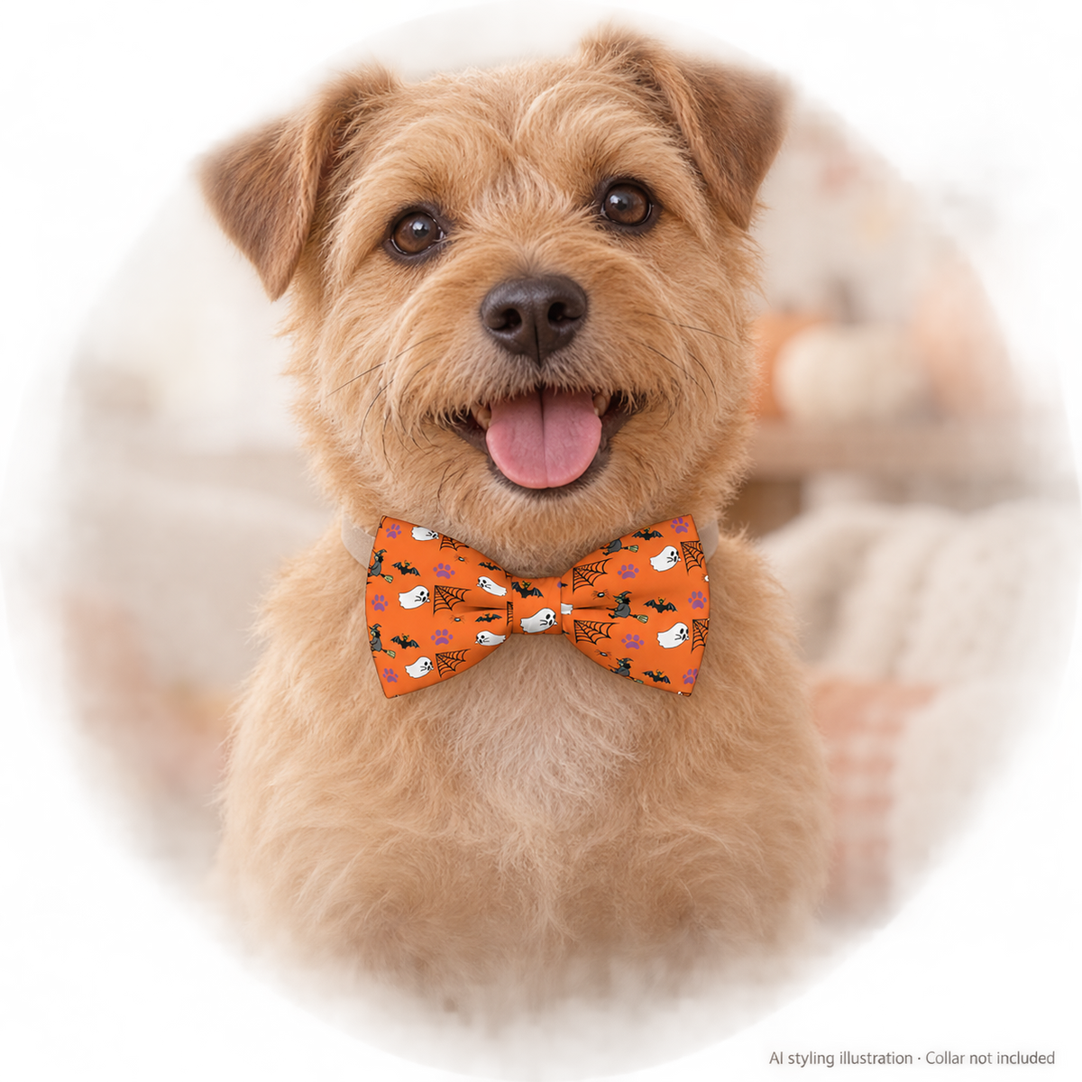 AI styling illustration. Halloween bow tie on dog; collar not included.