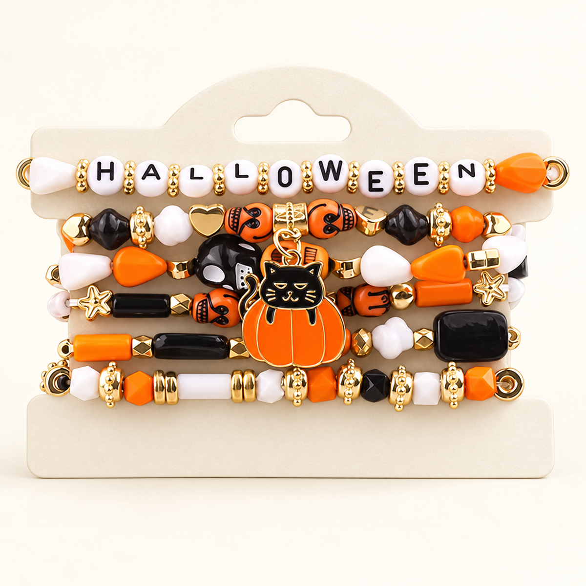 AI-styled studio photograph of the exact Halloween Cat & Pumpkin Bead Bracelets — Set of 6; front view.