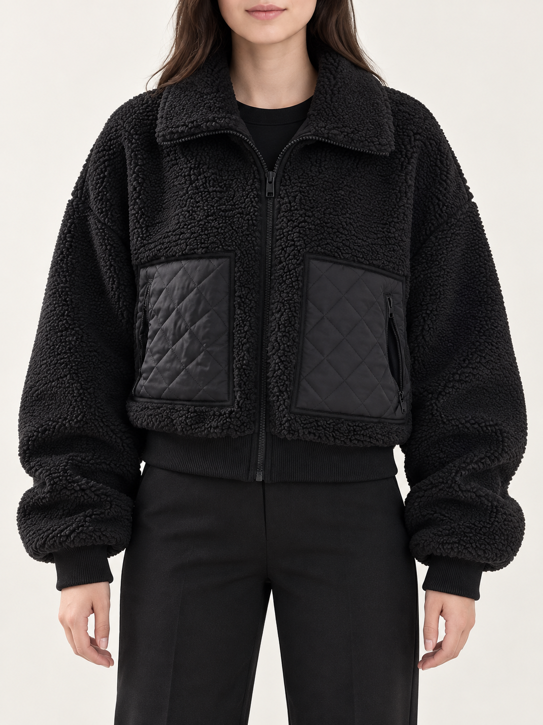 Black cropped sherpa jacket, front view on a model