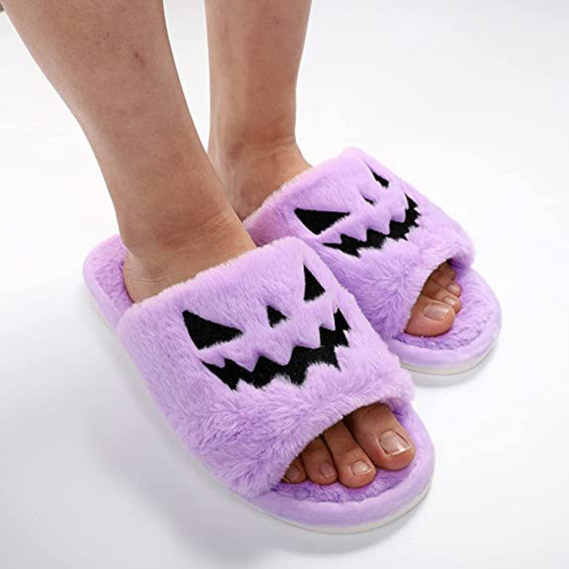 Jack-o'-Lantern Halloween Slippers — Cozy Plush Open-Toe Slides for Women