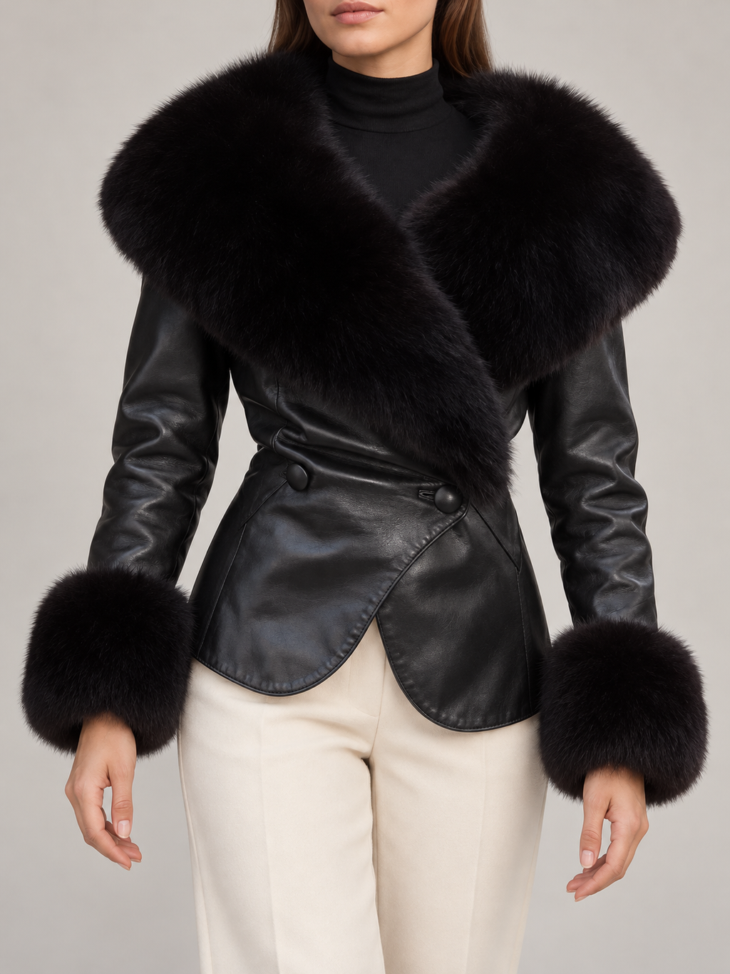 Black fitted jacket with plush collar and cuffs, curved front hem, front view on model