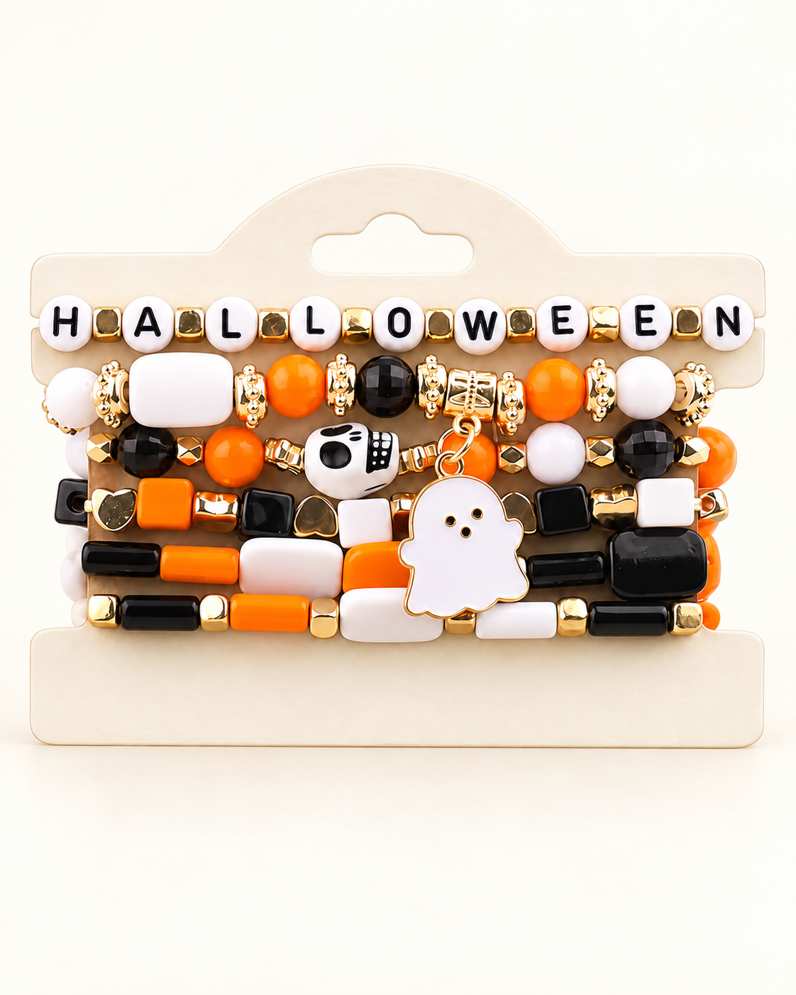 AI-styled front view of the six-piece ghost bead bracelet set on an ivory display holder.