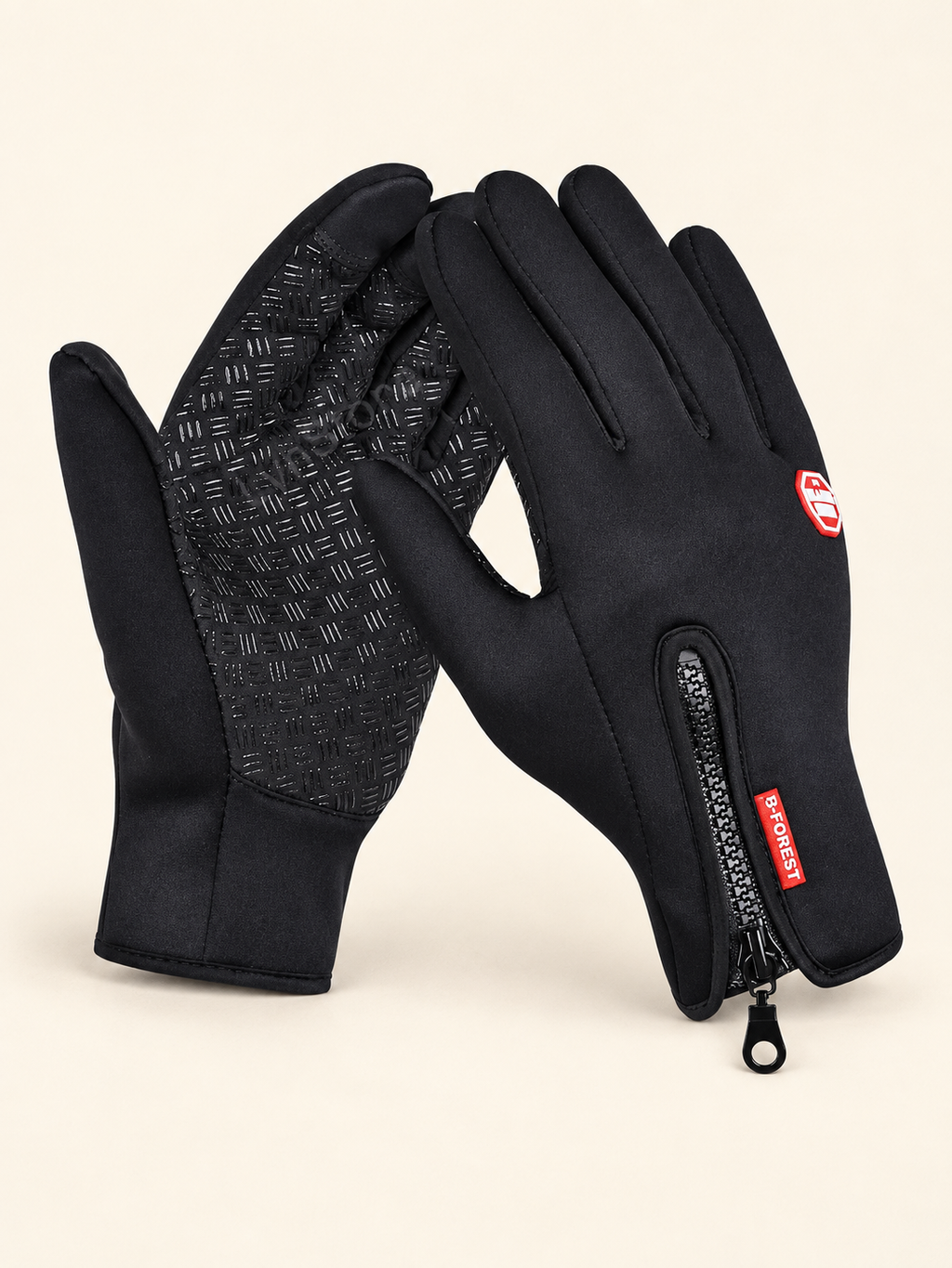 Black gloves, palm grip and zip back views on an ivory background