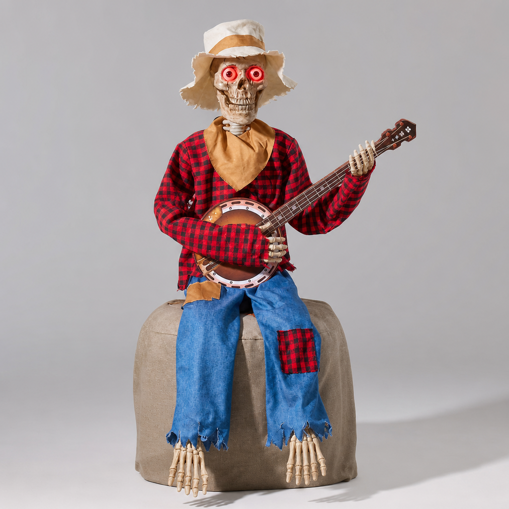 AI-generated studio photo of the Glowing Animated Banjo Skeleton