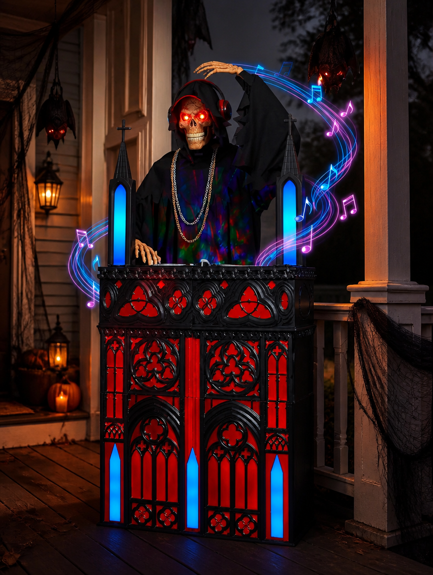 6ft Animatronic DJ Reaper on a Halloween porch at dusk